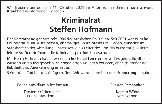 Traueranzeige von Steffen Hofmann von Giessener Allgemeine, Giessener Anzeiger, Alsfelder Allgemeine