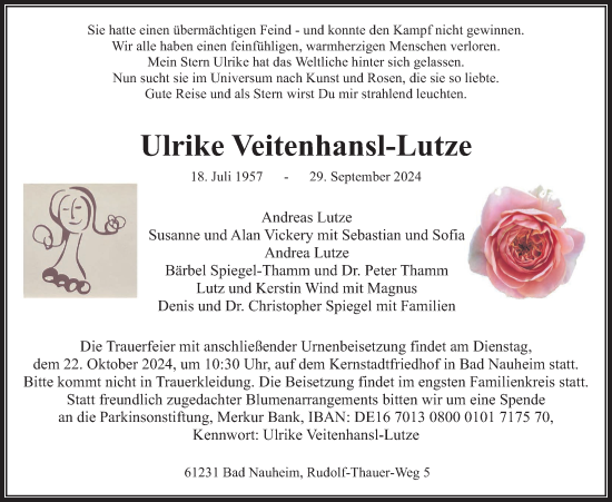 Traueranzeige von Ulrike Veitenhansl-Lutze von Wetterauer Zeitung