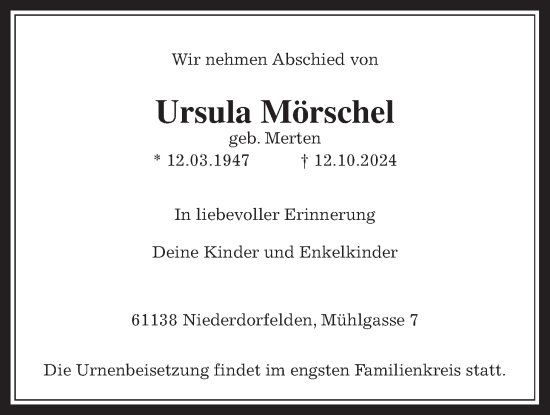Traueranzeige von Ursula Mörschel von Bad Vilbel/Karben