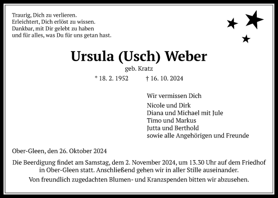 Traueranzeige von Ursula Weber von Oberhessische Zeitung