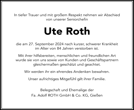 Traueranzeige von Ute Roth von Giessener Allgemeine, Alsfelder Allgemeine, Giessener Anzeiger