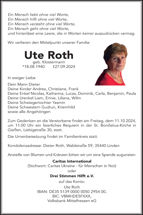 Traueranzeige von Ute Roth von Giessener Allgemeine, Alsfelder Allgemeine, Giessener Anzeiger