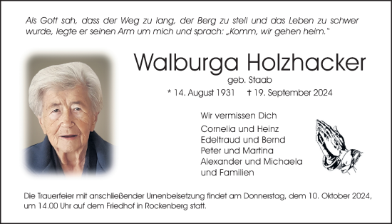 Traueranzeige von Walburga Holzhacker von Wetterauer Zeitung, Butzbacher Zeitung