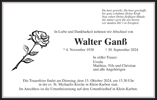 Traueranzeige von Walter Ganß von Bad Vilbel/Karben