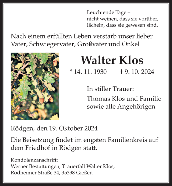 Traueranzeige von Walter Klos von Giessener Anzeiger