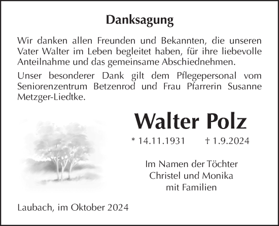 Traueranzeige von Walter Polz von Laubacher Anzeiger