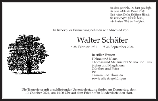 Traueranzeige von Walter Schäfer von Bad Vilbel/Karben
