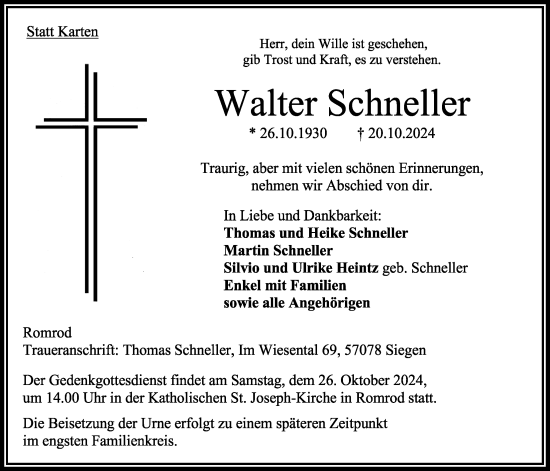 Traueranzeige von Walter Schneller von Oberhessische Zeitung