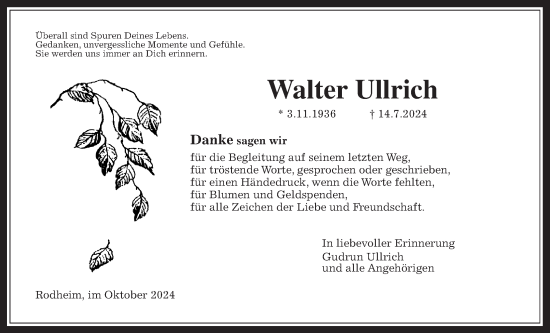 Traueranzeige von Walter Ullrich von Wetterauer Zeitung