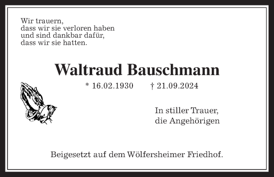 Traueranzeige von Waltraud Bauschmann von Wetterauer Zeitung