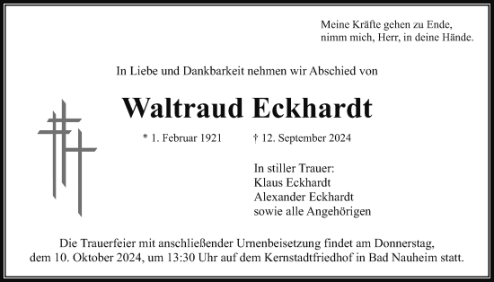 Traueranzeige von Waltraud Eckhardt von Wetterauer Zeitung