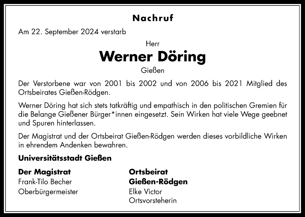  Traueranzeige für Werner Döring vom 04.10.2024 aus Giessener Allgemeine, Alsfelder Allgemeine, Giessener Anzeiger