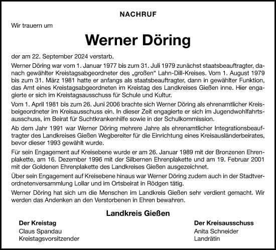 Traueranzeige von Werner Döring von Giessener Allgemeine, Alsfelder Allgemeine, Giessener Anzeiger