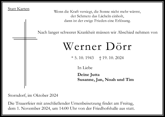 Traueranzeige von Werner Dörr von Oberhessische Zeitung