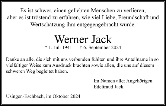 Traueranzeige von Werner Jack von Usinger Anzeigenblatt