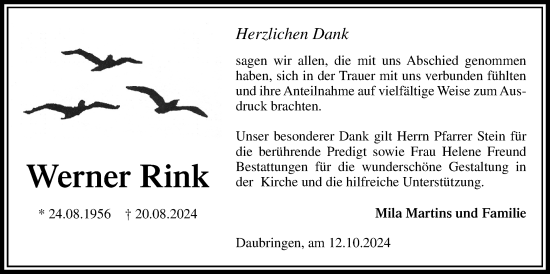 Traueranzeige von Werner Rink von Giessener Allgemeine, Alsfelder Allgemeine, Giessener Anzeiger