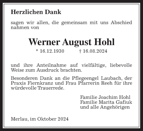 Traueranzeige von Werner August Hohl von Mücker Stimme