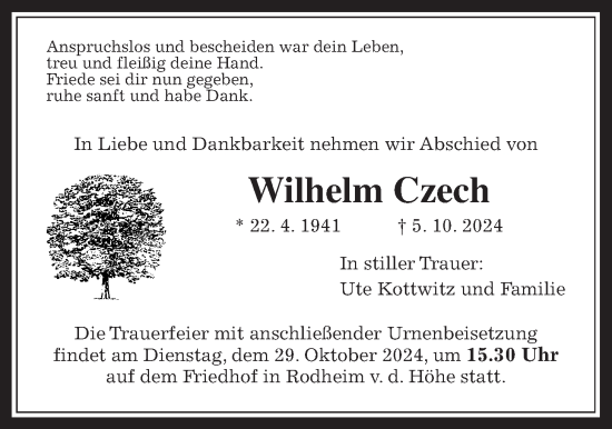 Traueranzeige von Wilhelm Czech von Wetterauer Zeitung