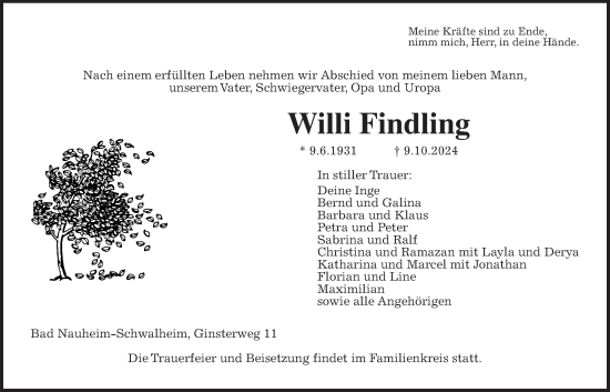 Traueranzeige von Willi Findling von Wetterauer Zeitung