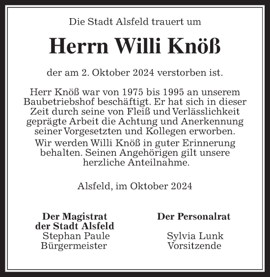 Traueranzeige von Willi Knöß von Alsfelder Allgemeine, Oberhessische Zeitung