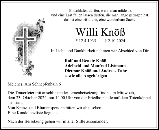 Traueranzeige von Willi Knöß von Lauterbacher Anzeiger