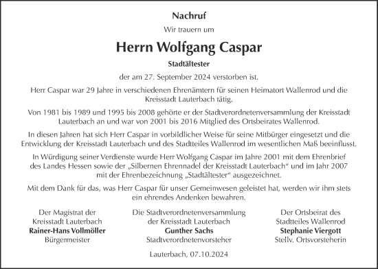 Traueranzeige von Wolfgang Caspar von Lauterbacher Anzeiger