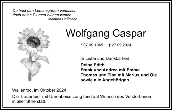 Traueranzeige von Wolfgang Caspar von Lauterbacher Anzeiger