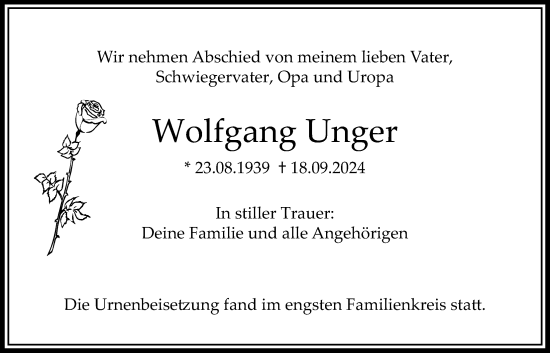 Traueranzeige von Wolfgang Unger von Bad Vilbel/Karben