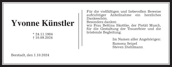 Traueranzeige von Yvonne Künstler von Wetterauer Zeitung