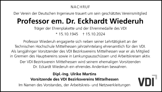 Traueranzeige von Eckhardt Wiederuh von Giessener Anzeiger, Giessener Allgemeine, Alsfelder Allgemeine