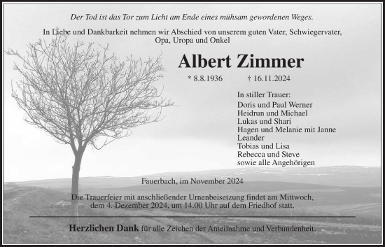 Traueranzeige von Albert Zimmer von Kreis-Anzeiger