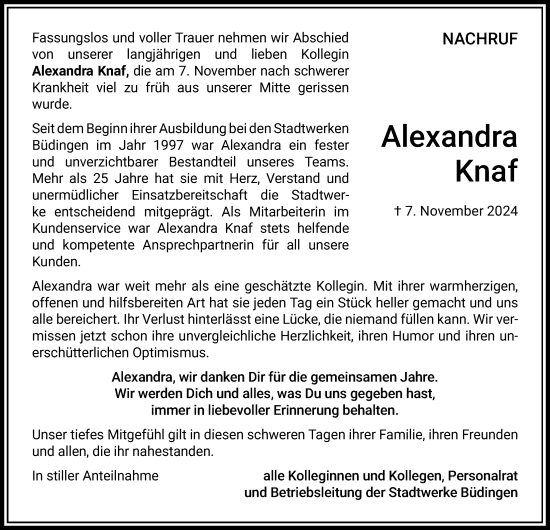 Traueranzeige von Alexandra Knaf von Kreis-Anzeiger