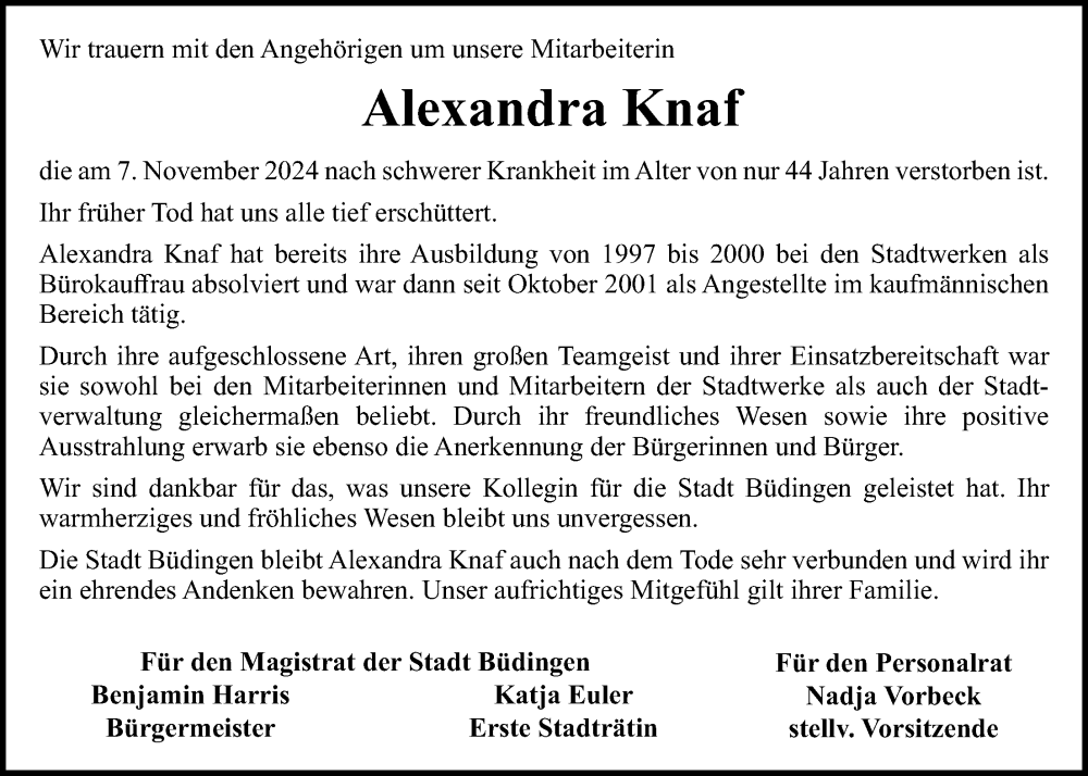  Traueranzeige für Alexandra Knaf vom 16.11.2024 aus Kreis-Anzeiger