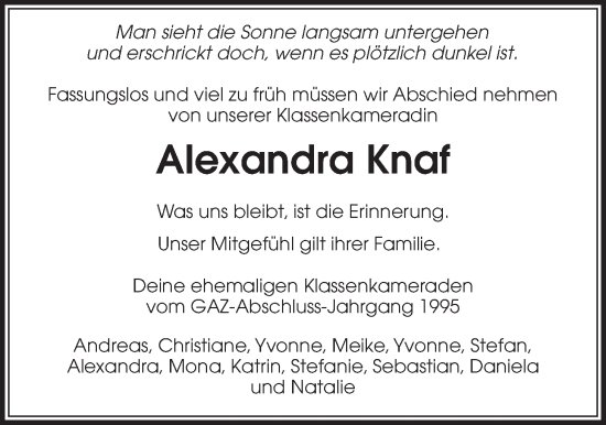 Traueranzeige von Alexandra Knaf von Kreis-Anzeiger