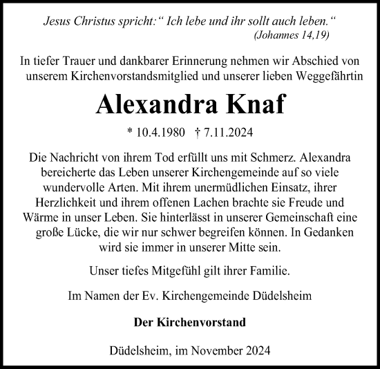 Traueranzeige von Alexandra Knaf von Kreis-Anzeiger