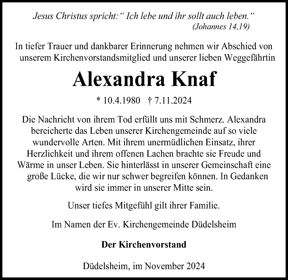  Traueranzeige für Alexandra Knaf vom 16.11.2024 aus Kreis-Anzeiger