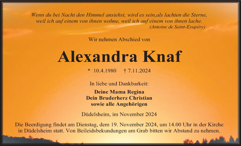  Traueranzeige für Alexandra Knaf vom 16.11.2024 aus Kreis-Anzeiger