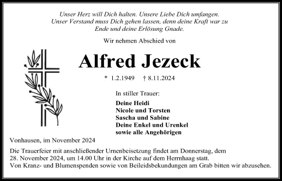Traueranzeige von Alfred Jezeck von Kreis-Anzeiger