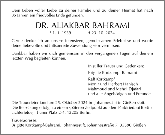 Traueranzeige von Aliakbar Bahrami von Giessener Allgemeine, Alsfelder Allgemeine