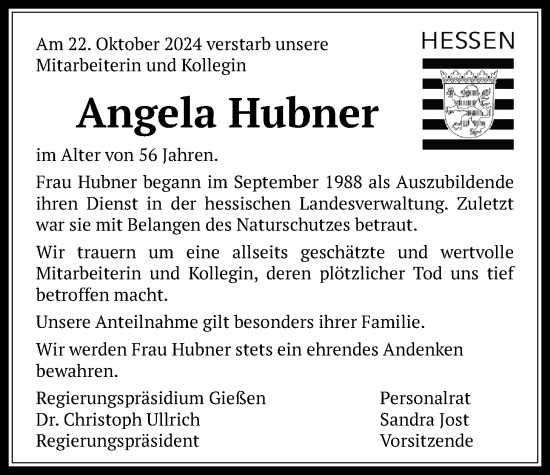 Traueranzeige von Angela Hubner von Alsfelder Allgemeine, Oberhessische Zeitung