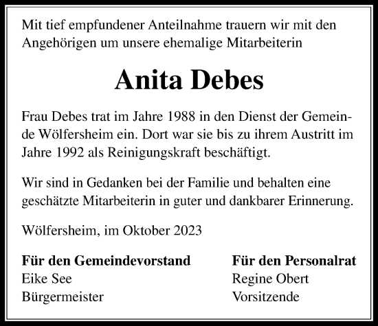 Traueranzeige von Anita Debes von Wetterauer Zeitung