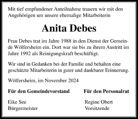 Traueranzeige von Anita Debes von Wetterauer Zeitung