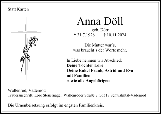 Traueranzeige von Anna Döll 