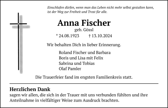 Traueranzeige von Anna Fischer von Giessener Anzeiger