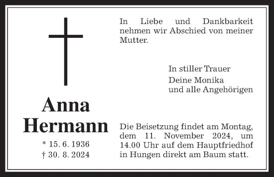Traueranzeige von Anna Hermann von Wetterauer Zeitung