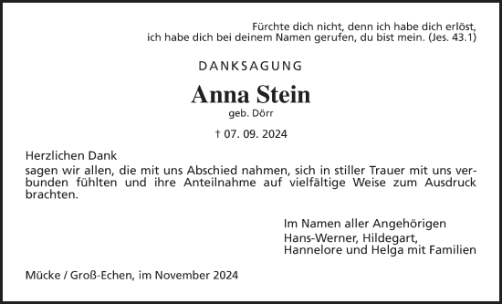 Traueranzeige von Anna Stein von Mücker Stimme