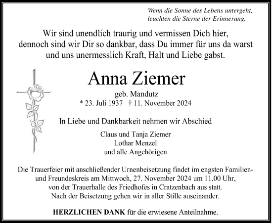 Traueranzeige von Anna Ziemer von Usinger Anzeigenblatt