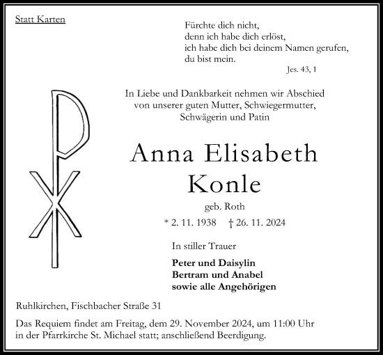 Traueranzeige von Anna Elisabeth Konle von Oberhessische Zeitung