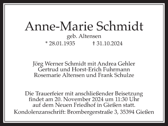 Traueranzeige von Anne-Marie Schmidt von Giessener Anzeiger, Giessener Allgemeine, Alsfelder Allgemeine