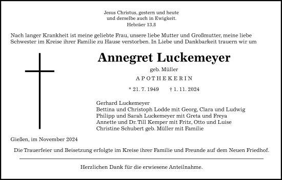 Traueranzeige von Annegret Luckemeyer von Giessener Allgemeine, Alsfelder Allgemeine, Giessener Anzeiger